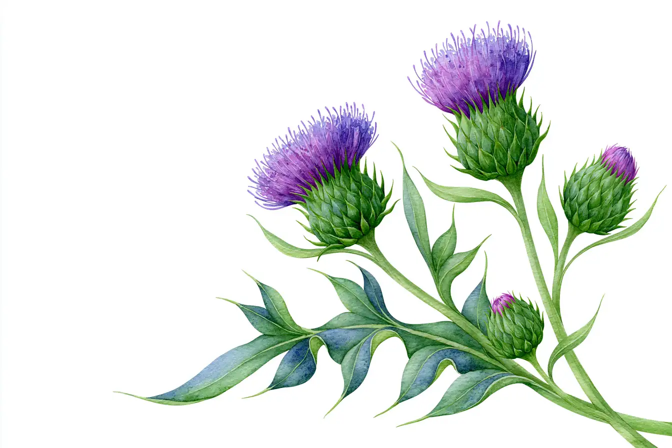 Watercolor Thistle Flowers and Leaves Illustration