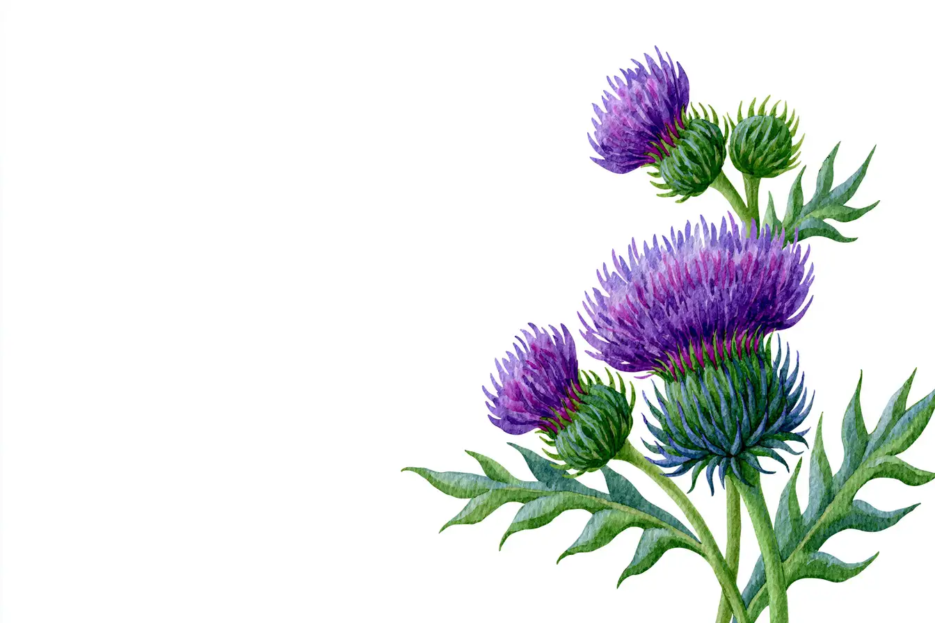 Watercolor Thistle Flowers and Leaves Illustration