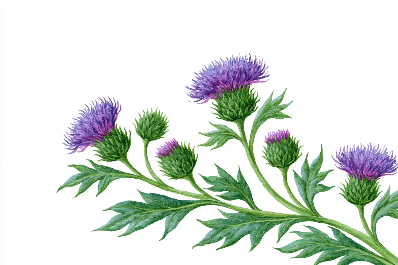 Watercolor Thistle Flowers and Leaves Illustration