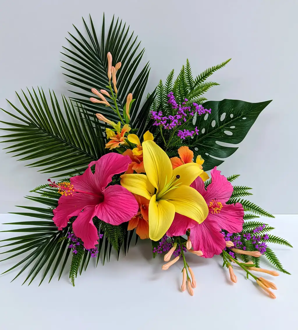 Tropical Flower Arrangement with Yellow Lily and Pink Hibiscus