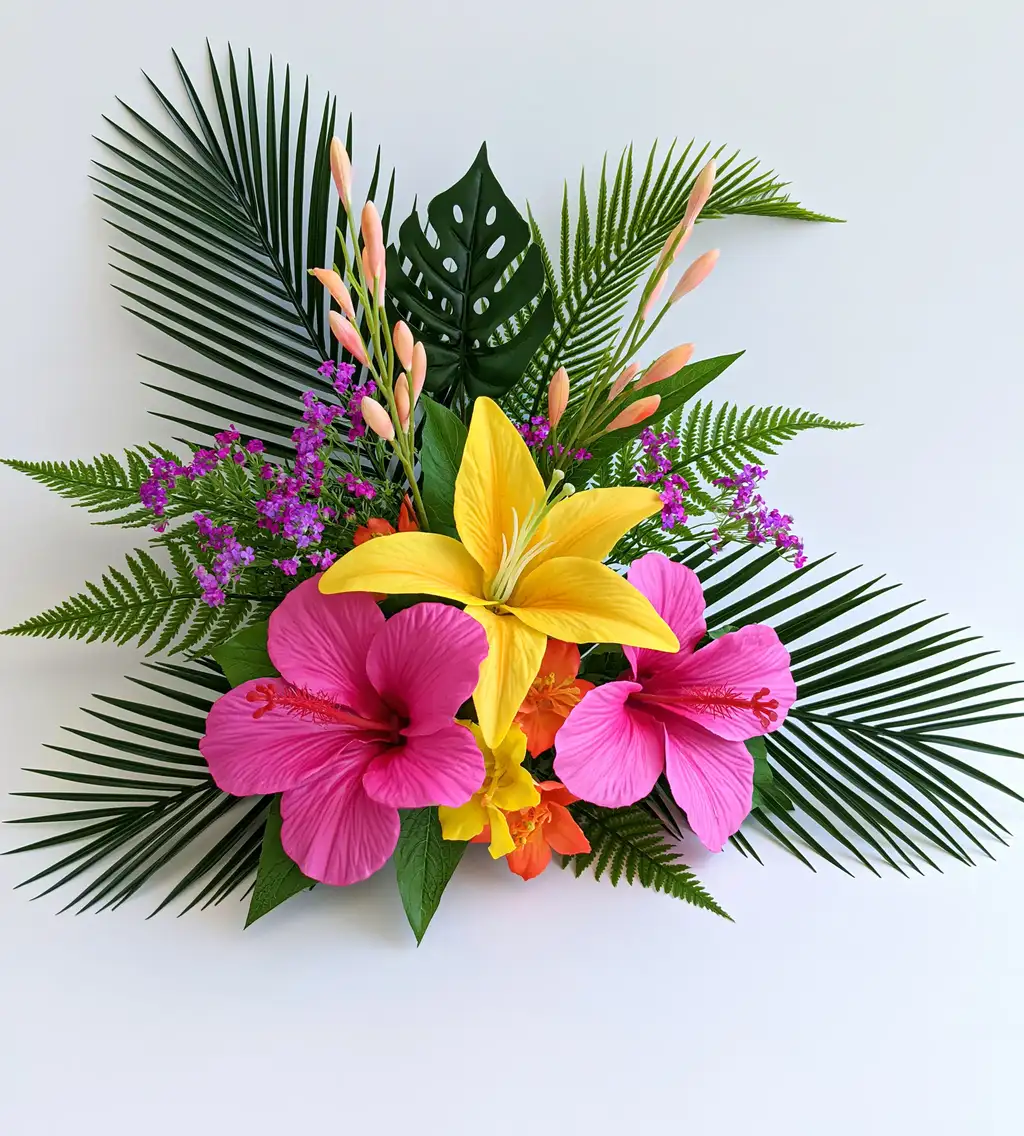 Tropical Flower Arrangement with Yellow Lily and Pink Hibiscus