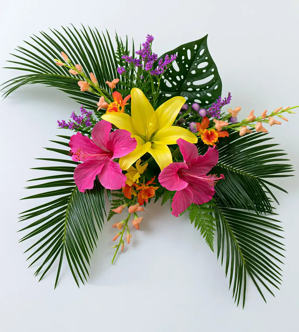 Tropical Flower Arrangement with Yellow Lily and Pink Hibiscus