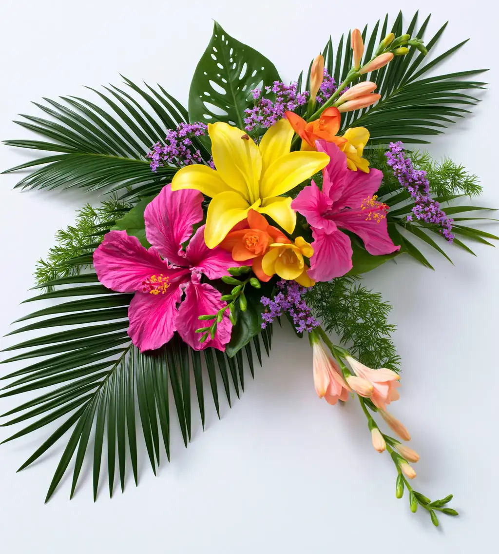 Tropical Flower Arrangement with Yellow Lily and Pink Hibiscus