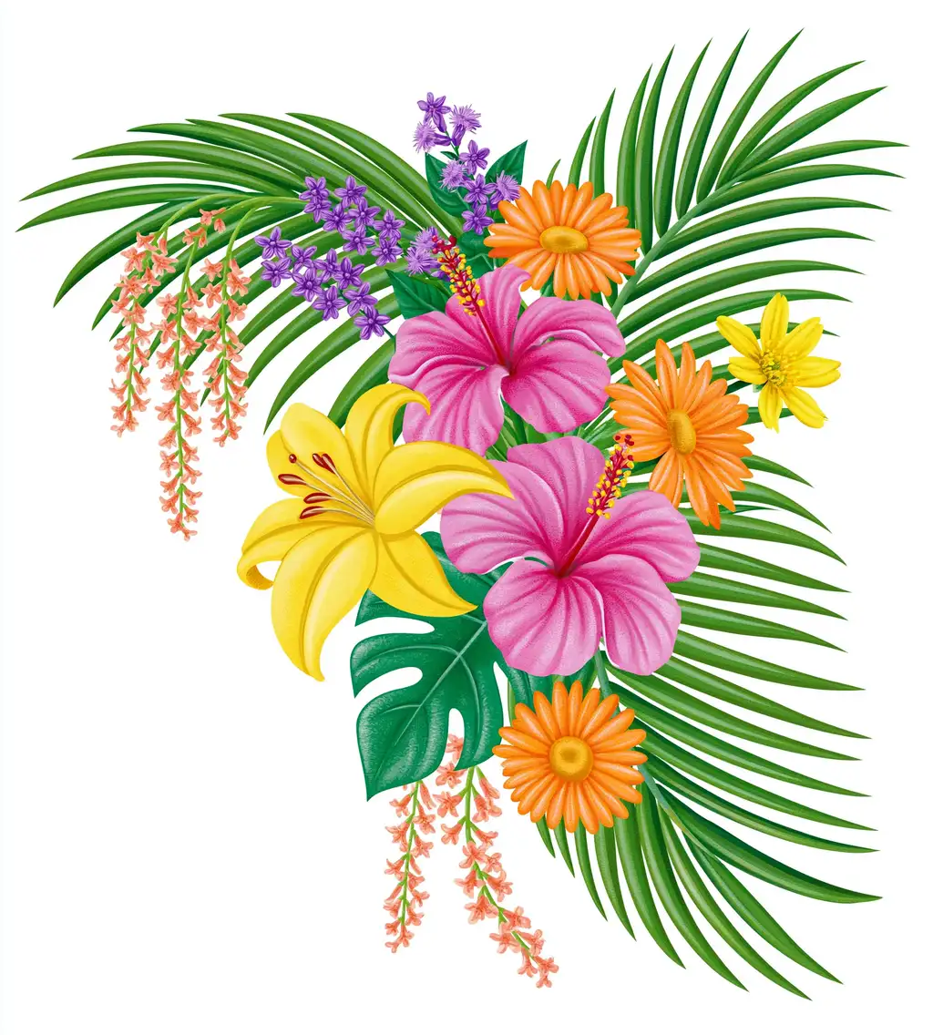 Tropical flower arrangements with palm leaves and colorful blossoms