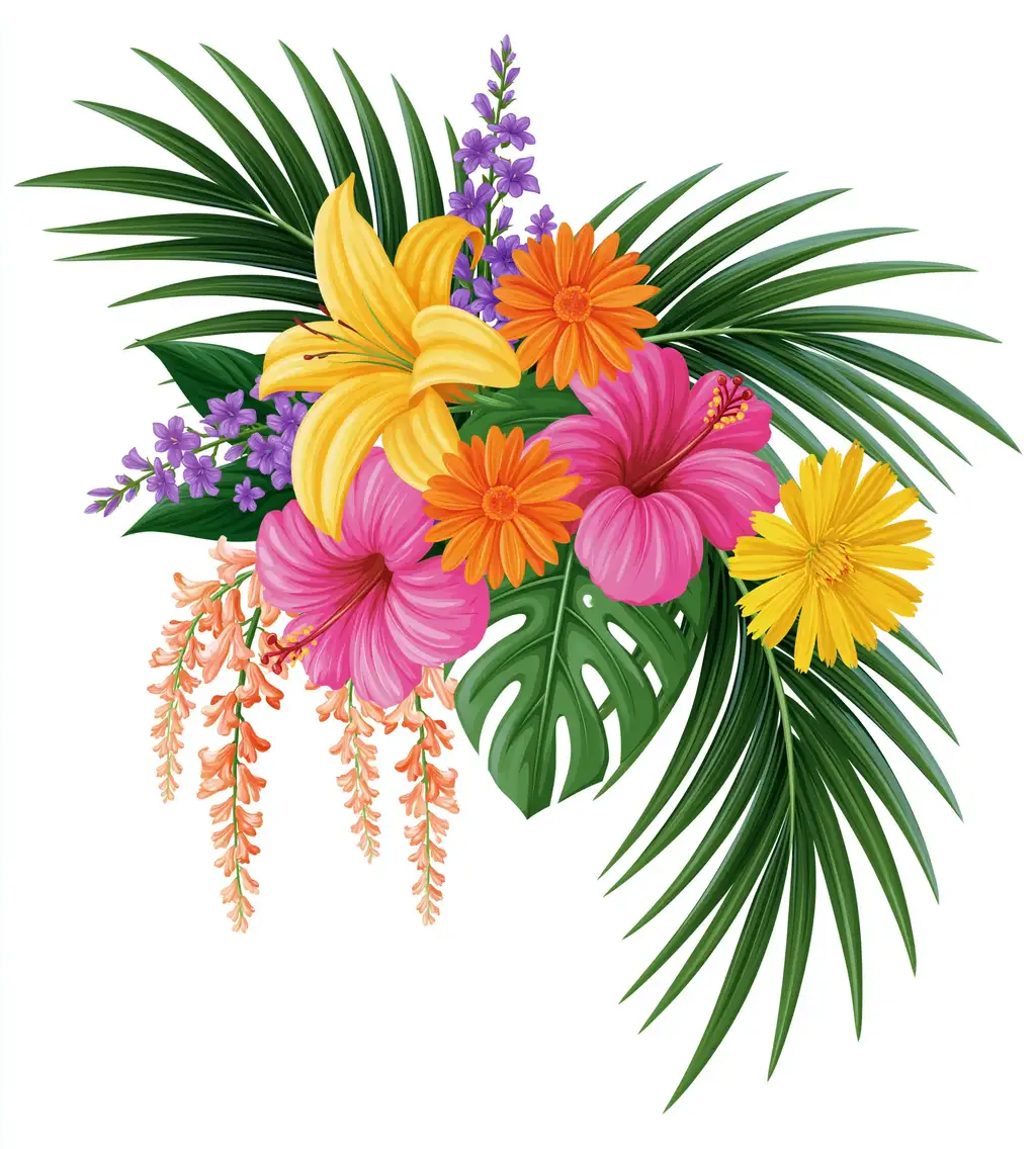 Tropical flower arrangements with palm leaves and colorful blossoms