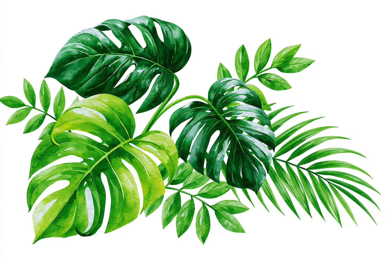 Watercolor tropical leaves arrangement composition on white background