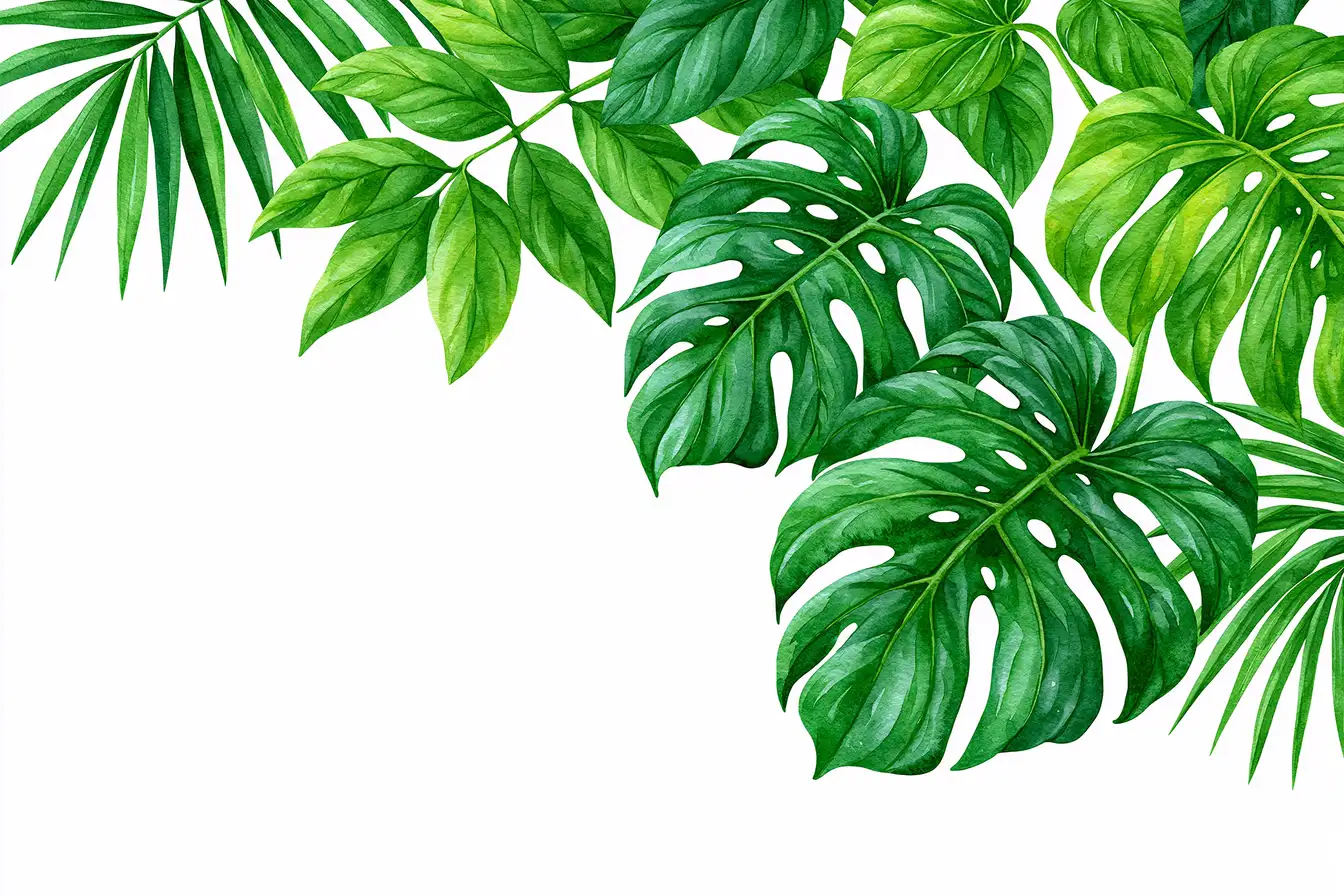 Watercolor tropical leaves arrangement composition on white background