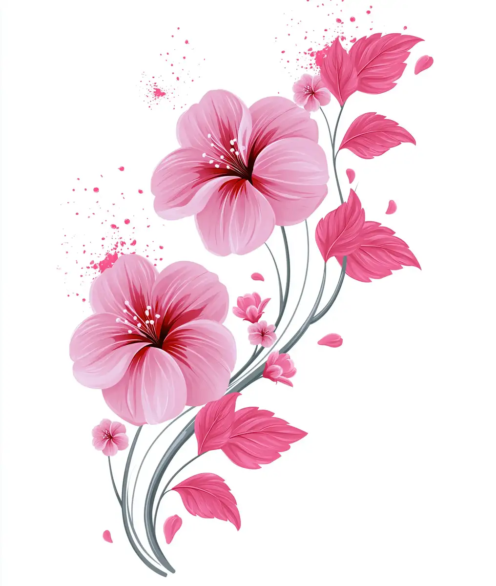 Pink Floral Branch Illustration with Watercolor Splatters