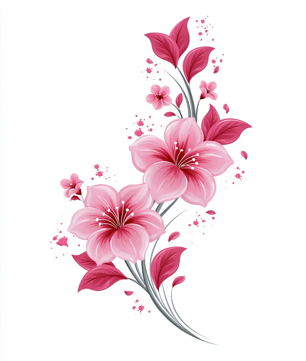 Pink Floral Branch Illustration with Watercolor Splatters