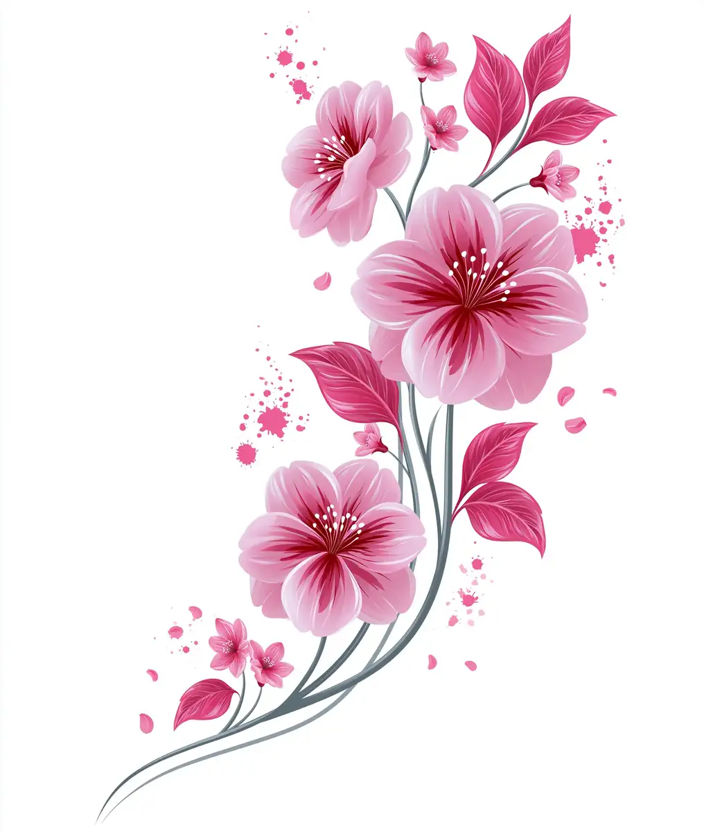 Pink Floral Branch Illustration with Watercolor Splatters