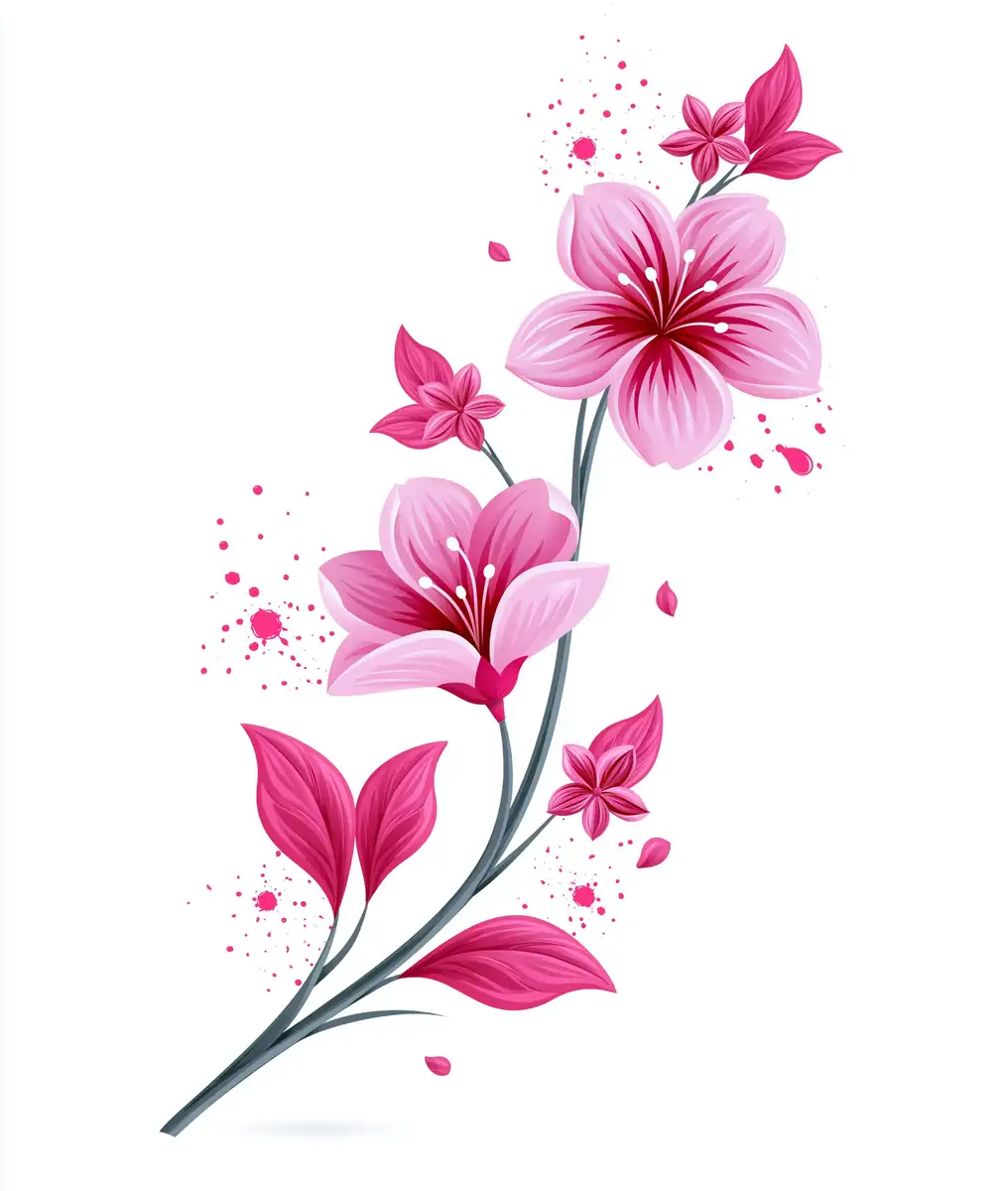 Pink Floral Branch Illustration with Watercolor Splatters