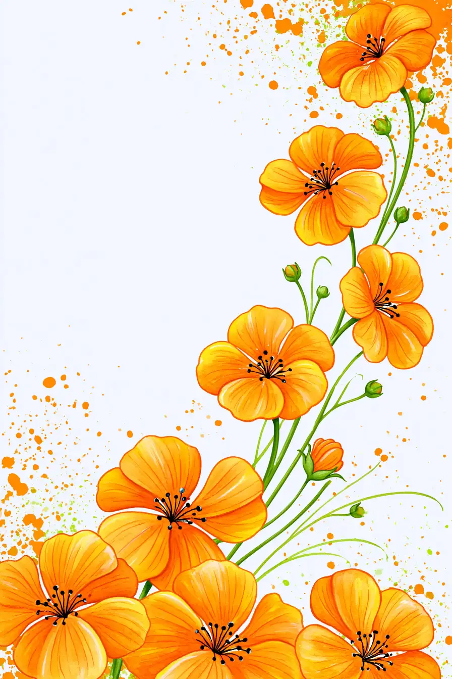 Orange Flowers Illustration with Watercolor Splatters