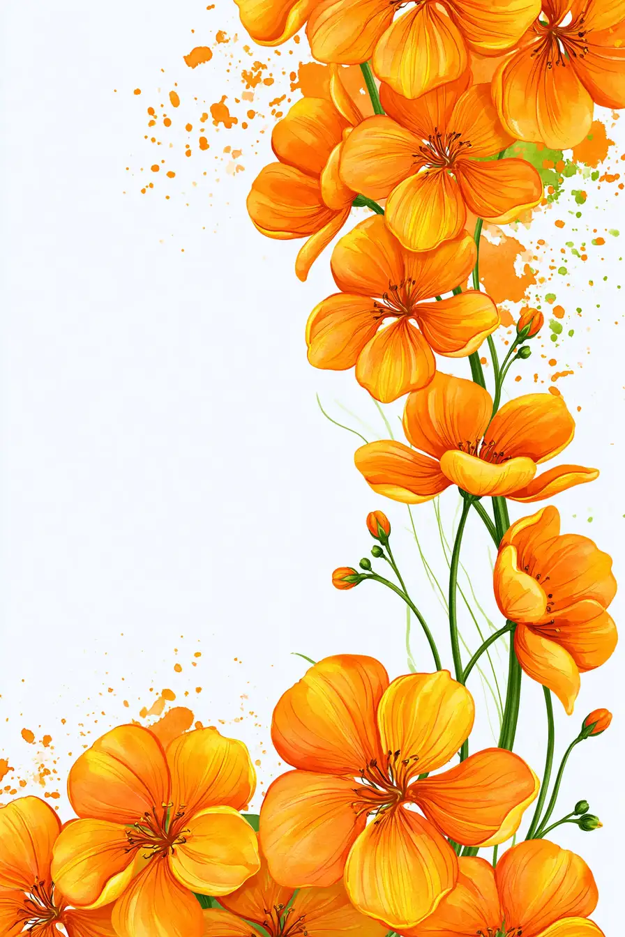 Orange Flowers Illustration with Watercolor Splatters