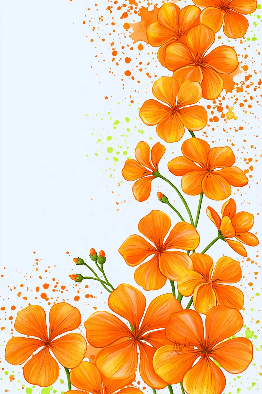 Orange Flowers Illustration with Watercolor Splatters