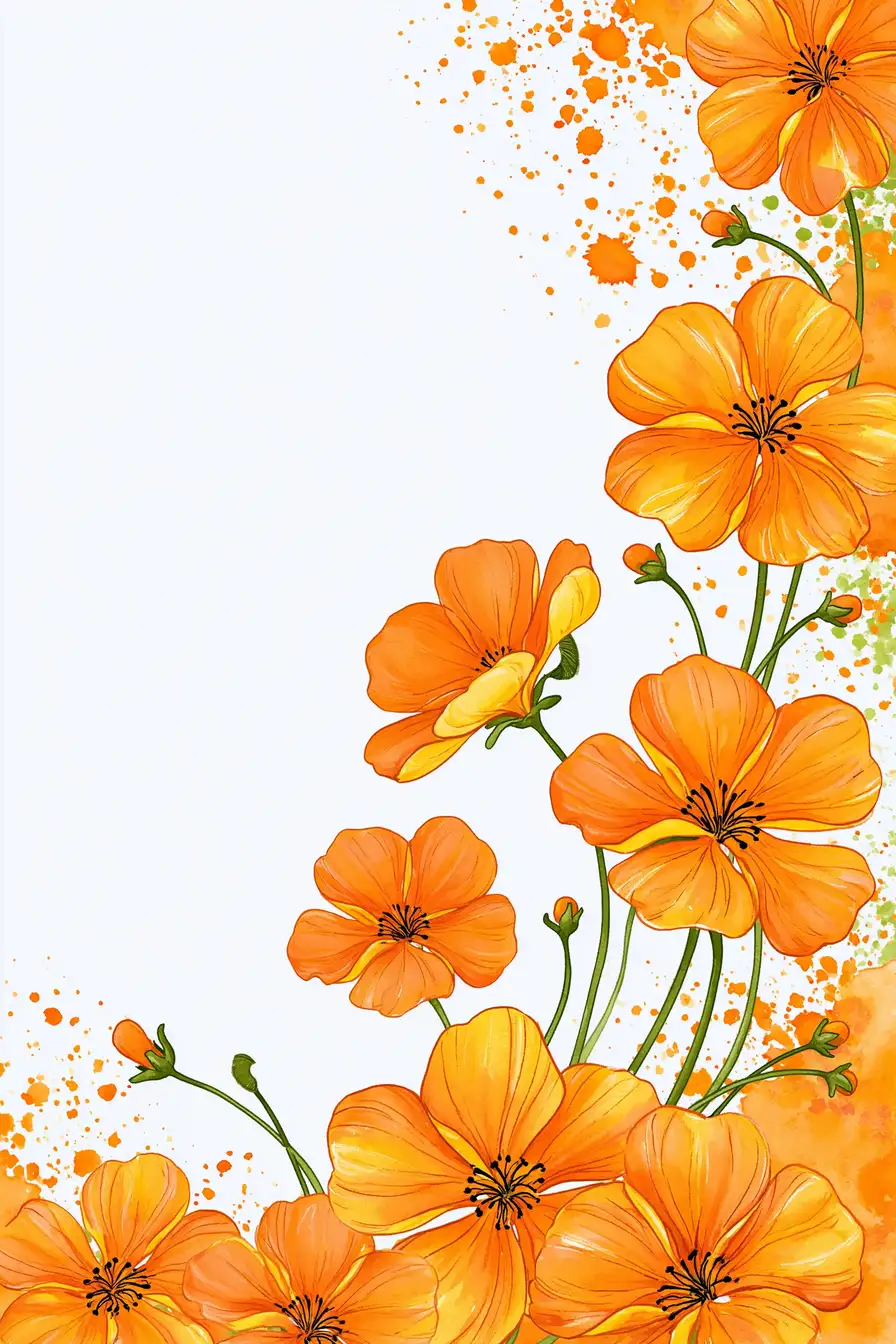 Orange Flowers Illustration with Watercolor Splatters