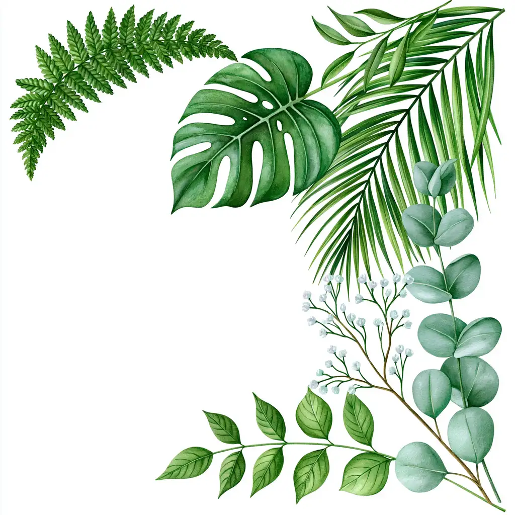 Watercolor tropical leaves and eucalyptus branches botanical illustration set