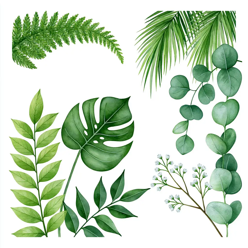 Watercolor tropical leaves and eucalyptus branches botanical illustration set