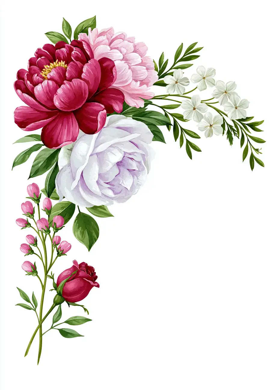 Floral arrangement with red and pink peonies white roses and green leaves on white background