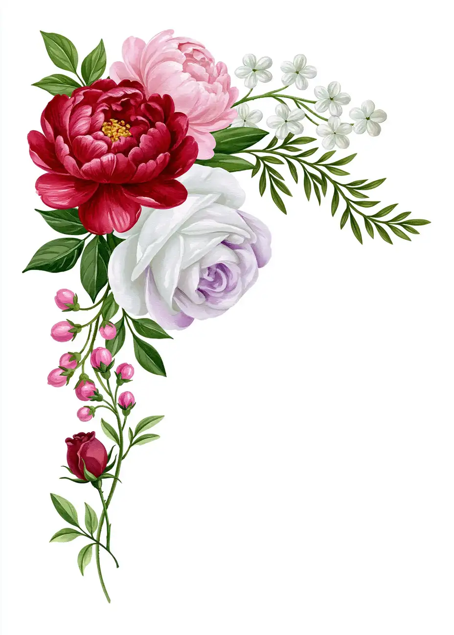 Floral arrangement with red and pink peonies white roses and green leaves on white background