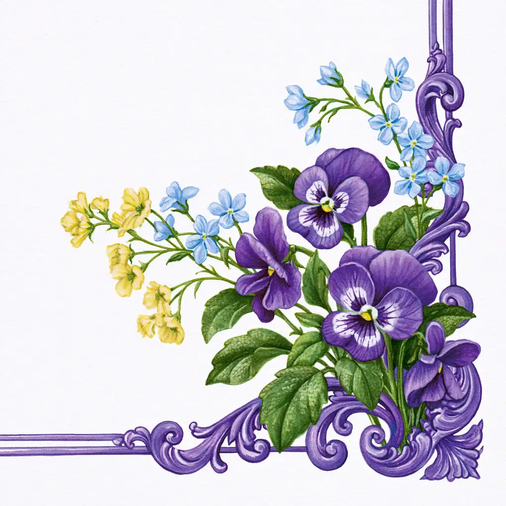 Watercolor corner composition with purple pansies blue and yellow flowers and ornate frame