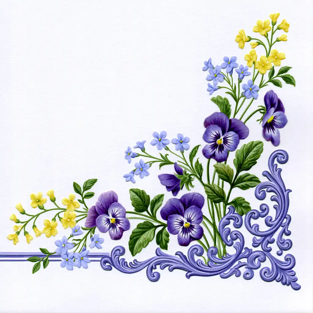 Watercolor corner composition with purple pansies blue and yellow flowers and ornate frame