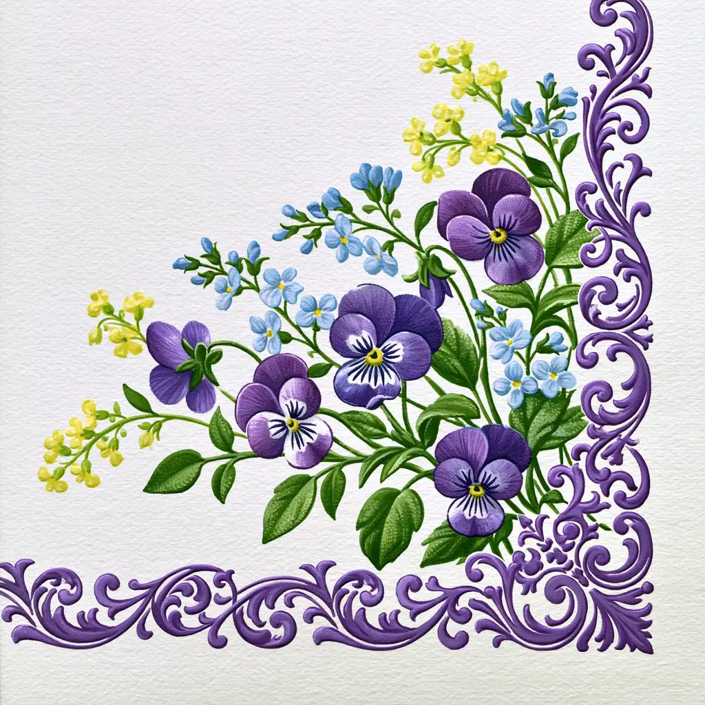 Watercolor corner composition with purple pansies blue and yellow flowers and ornate frame