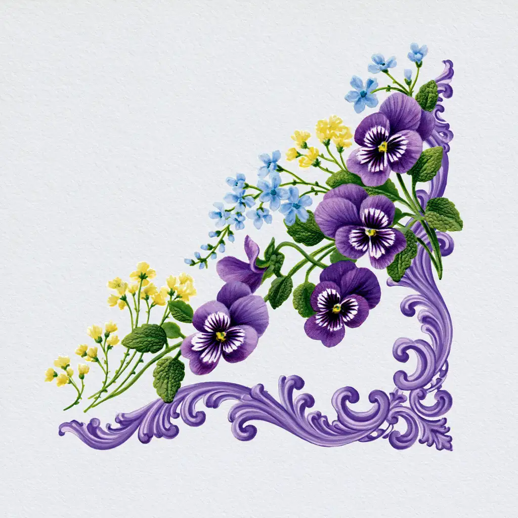 Watercolor corner composition with purple pansies blue and yellow flowers and ornate frame