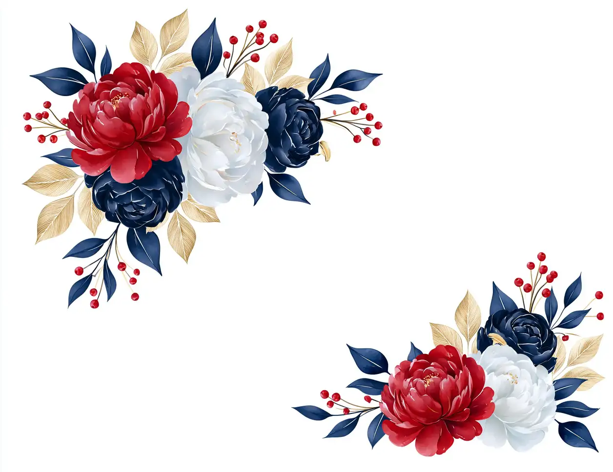 Watercolor floral arrangements with red white and dark blue flowers
