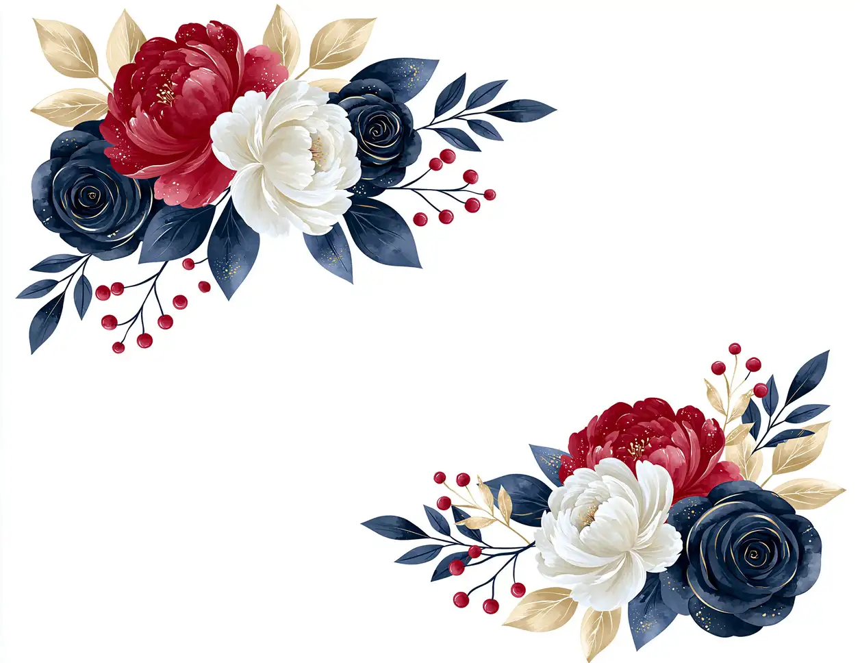 Watercolor floral arrangements with red white and dark blue flowers