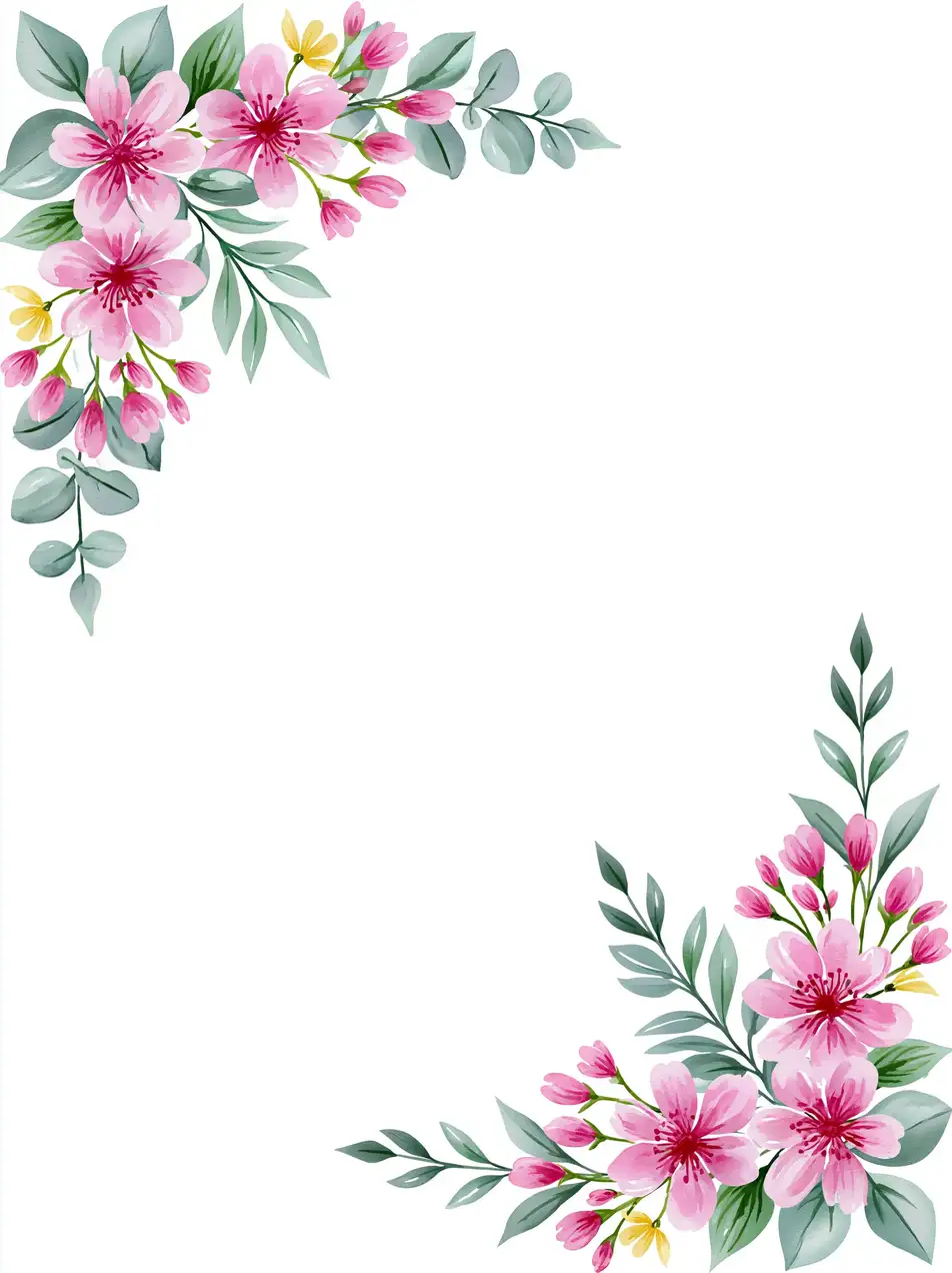 Watercolor pink flowers and green leaves corner frame design on white background