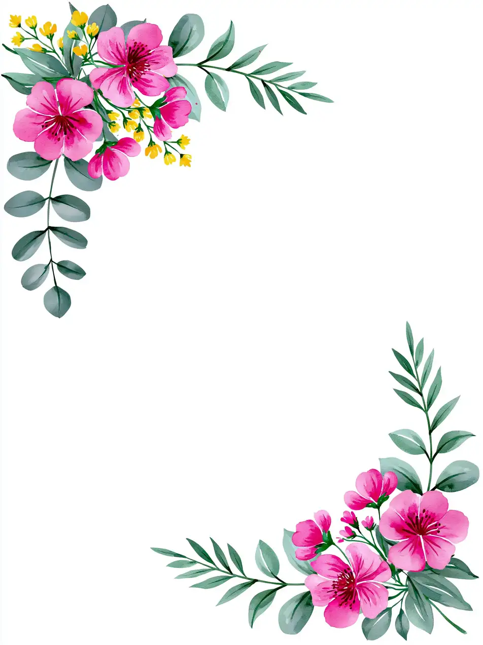 Watercolor pink flowers and green leaves corner frame design on white background