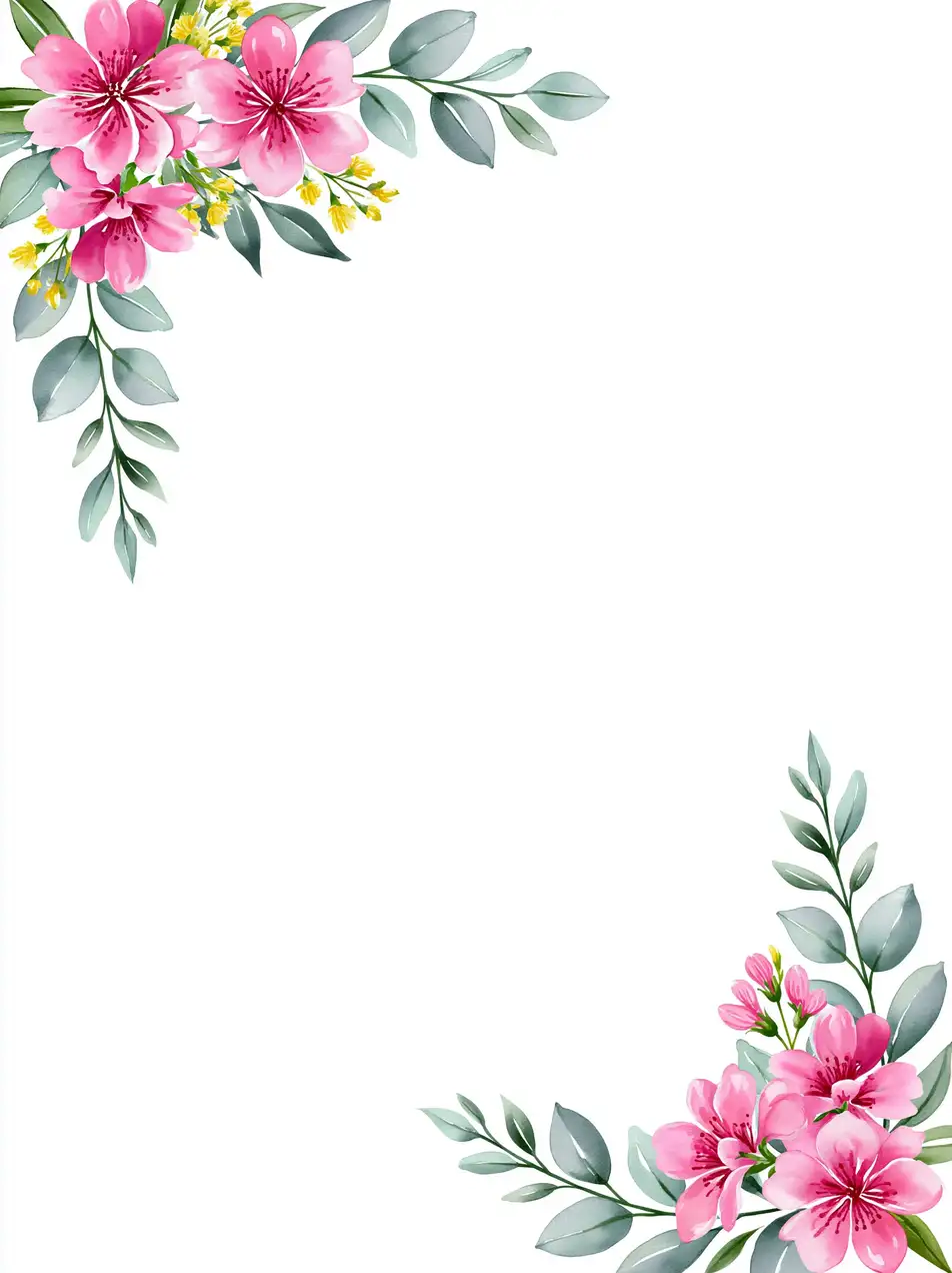 Watercolor pink flowers and green leaves corner frame design on white background