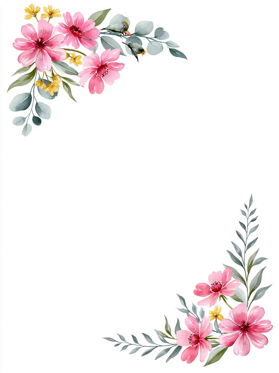 Watercolor pink flowers and green leaves corner frame design on white background