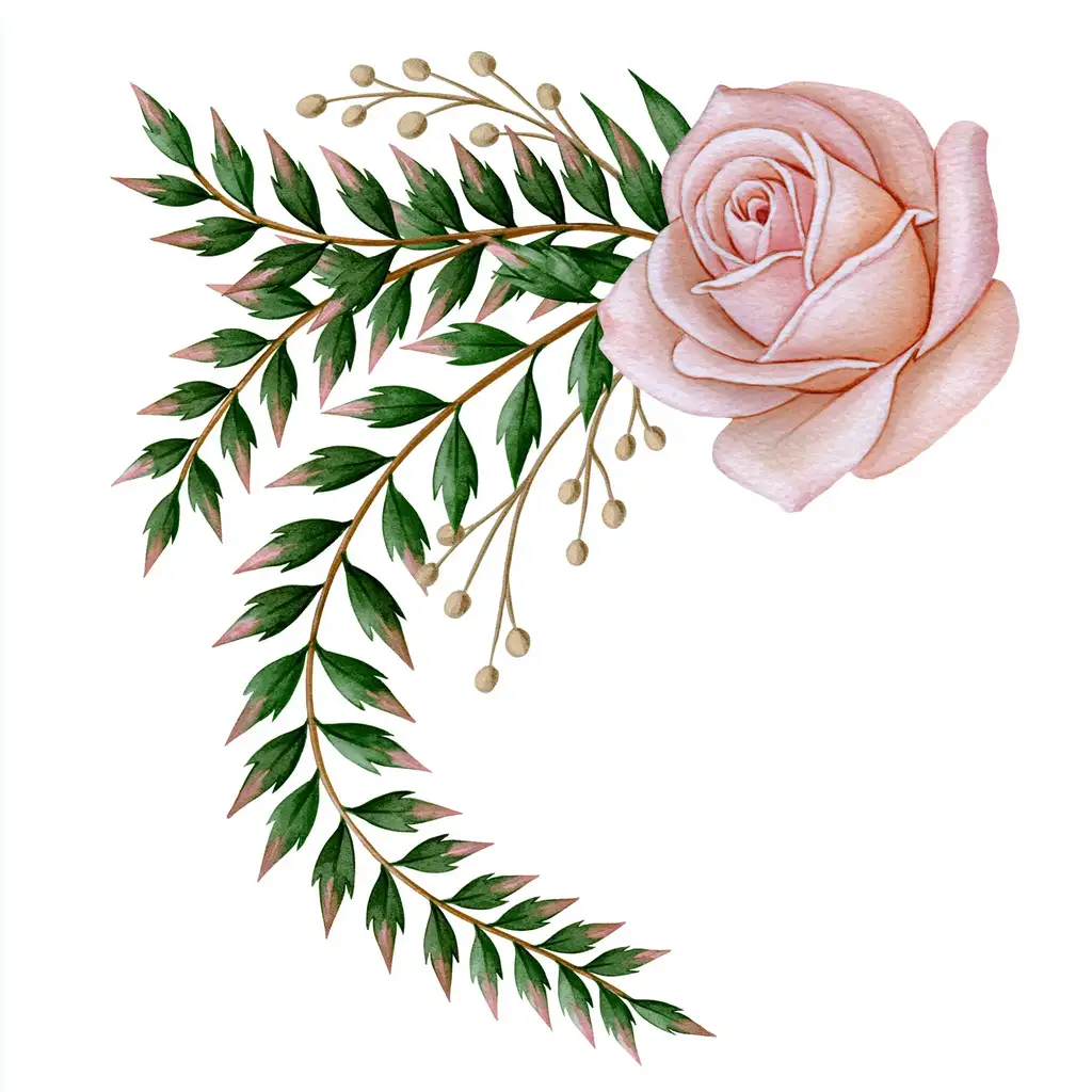 Watercolor illustration of light pink rose and green foliage arrangement