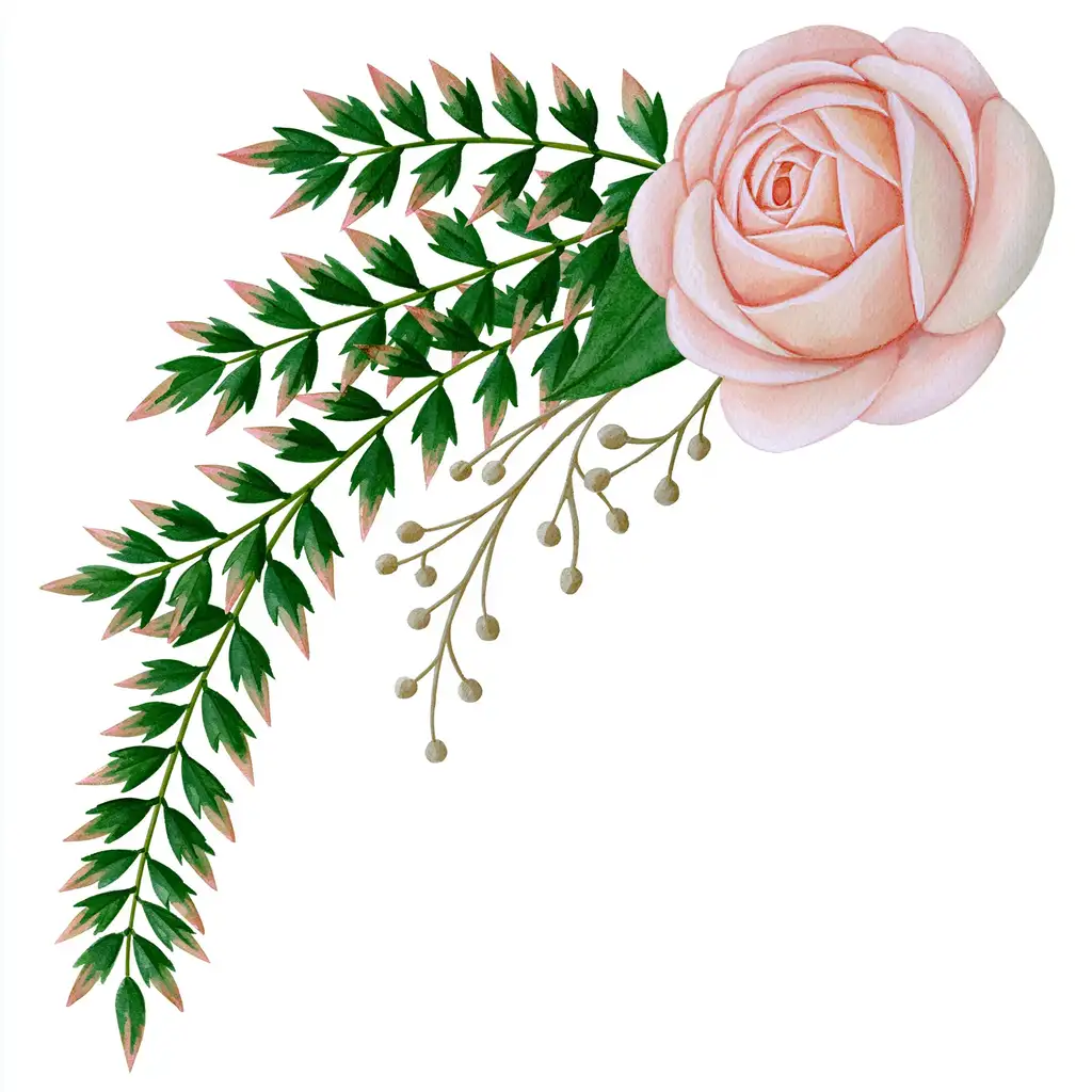 Watercolor illustration of light pink rose and green foliage arrangement