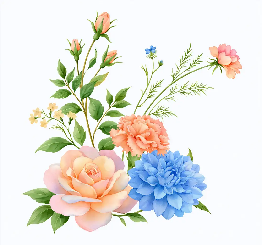Watercolor floral arrangement with peach rose and blue dahlia