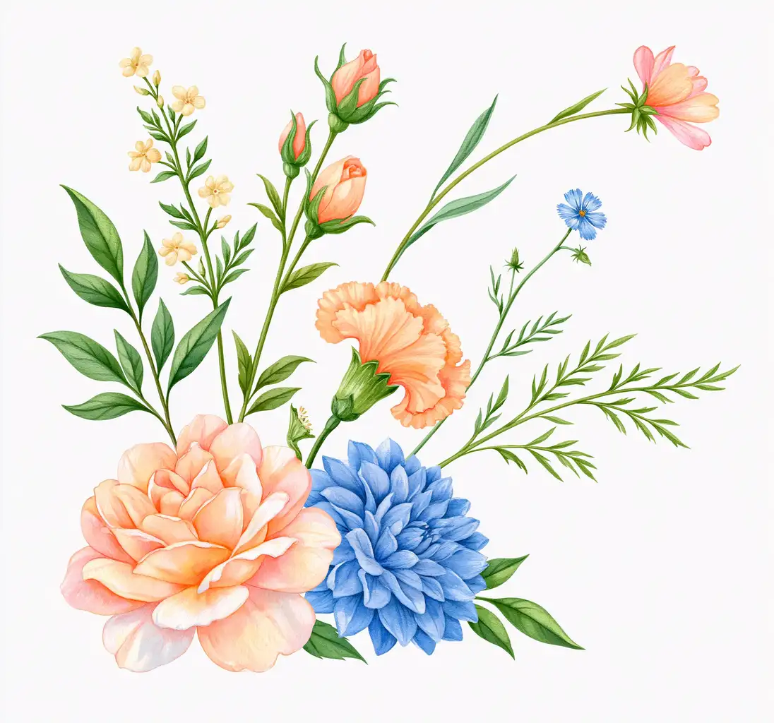 Watercolor floral arrangement with peach rose and blue dahlia