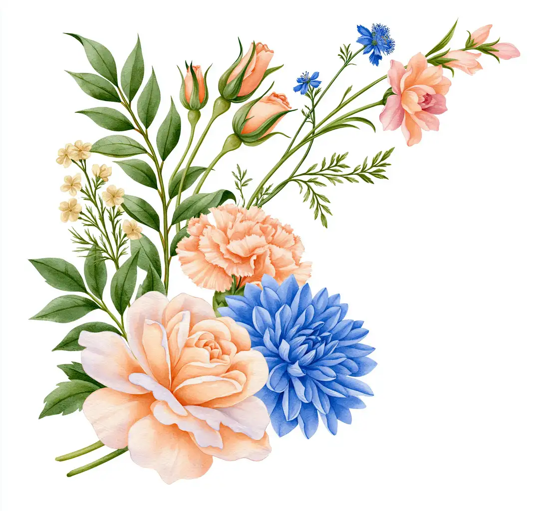Watercolor floral arrangement with peach rose and blue dahlia