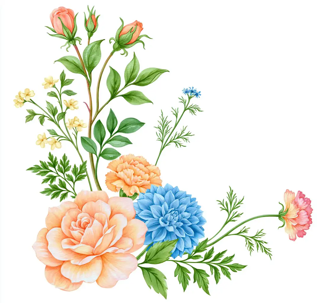 Watercolor floral arrangement with peach rose and blue dahlia