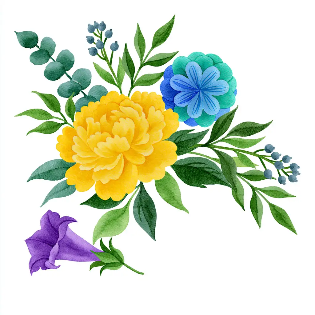 Watercolor floral arrangement with yellow peony blue flower and purple blossom