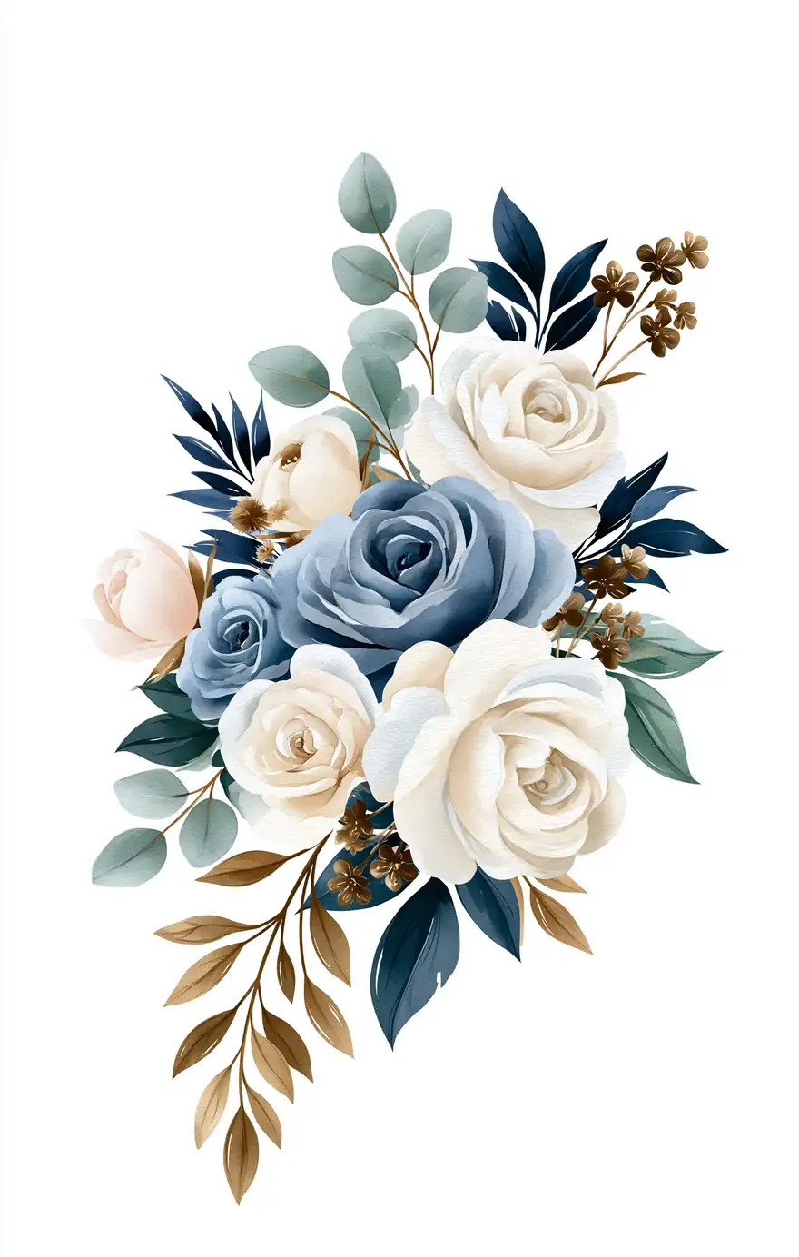 Floral arrangements with white and blue roses and greenery