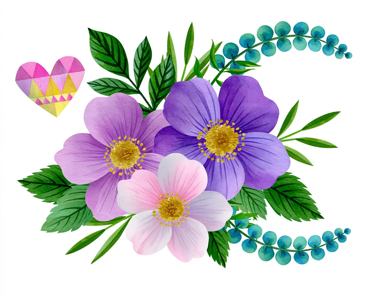 Watercolor floral arrangement with purple and pink flowers and green leaves