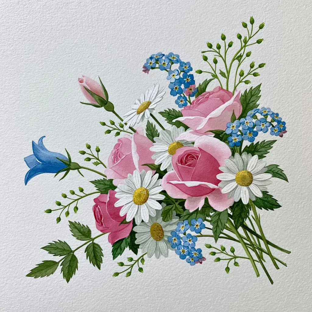 Watercolor painting of pink roses and white daisies bouquet