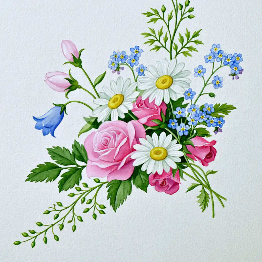 Watercolor painting of pink roses and white daisies bouquet