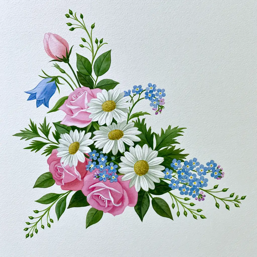 Watercolor painting of pink roses and white daisies bouquet
