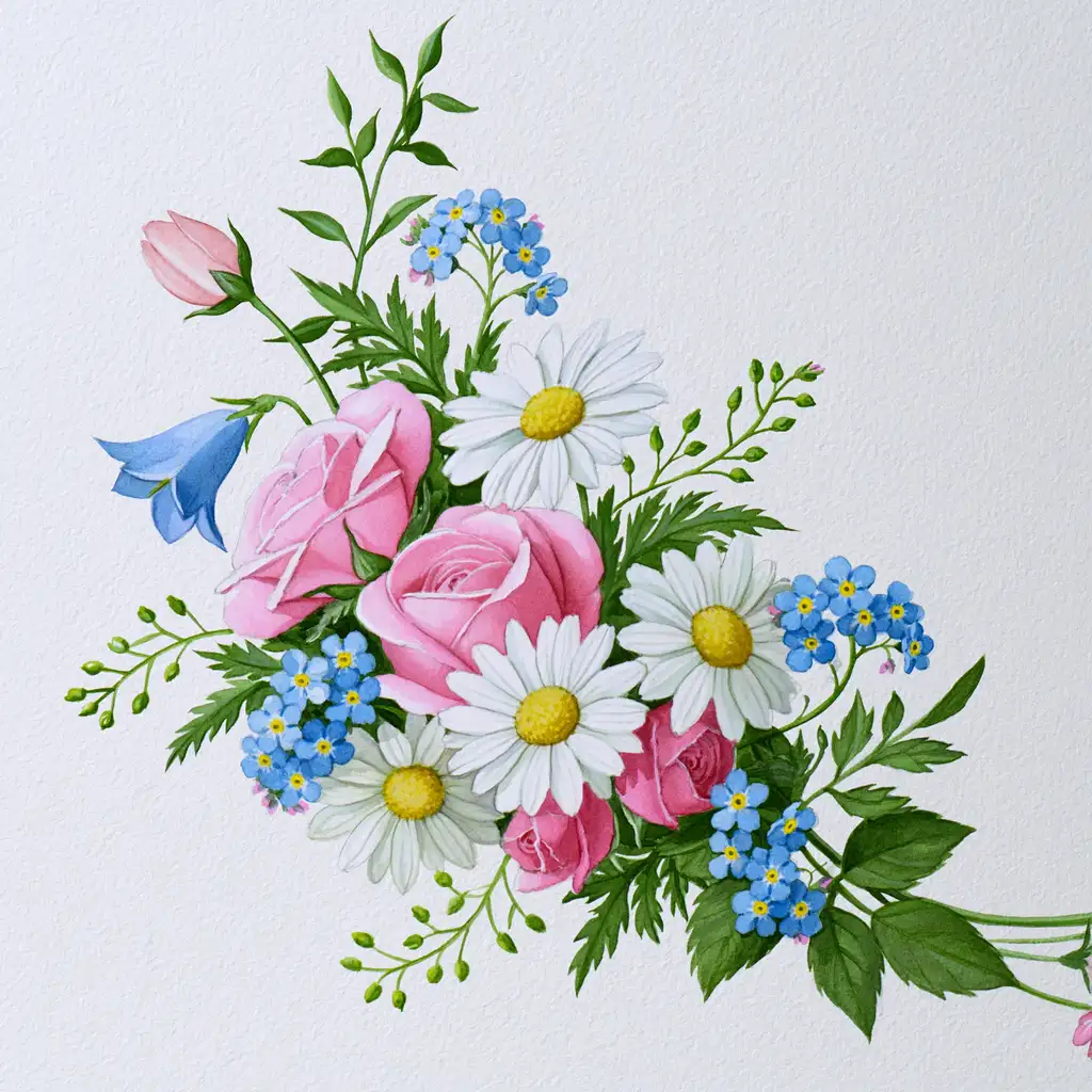 Watercolor painting of pink roses and white daisies bouquet