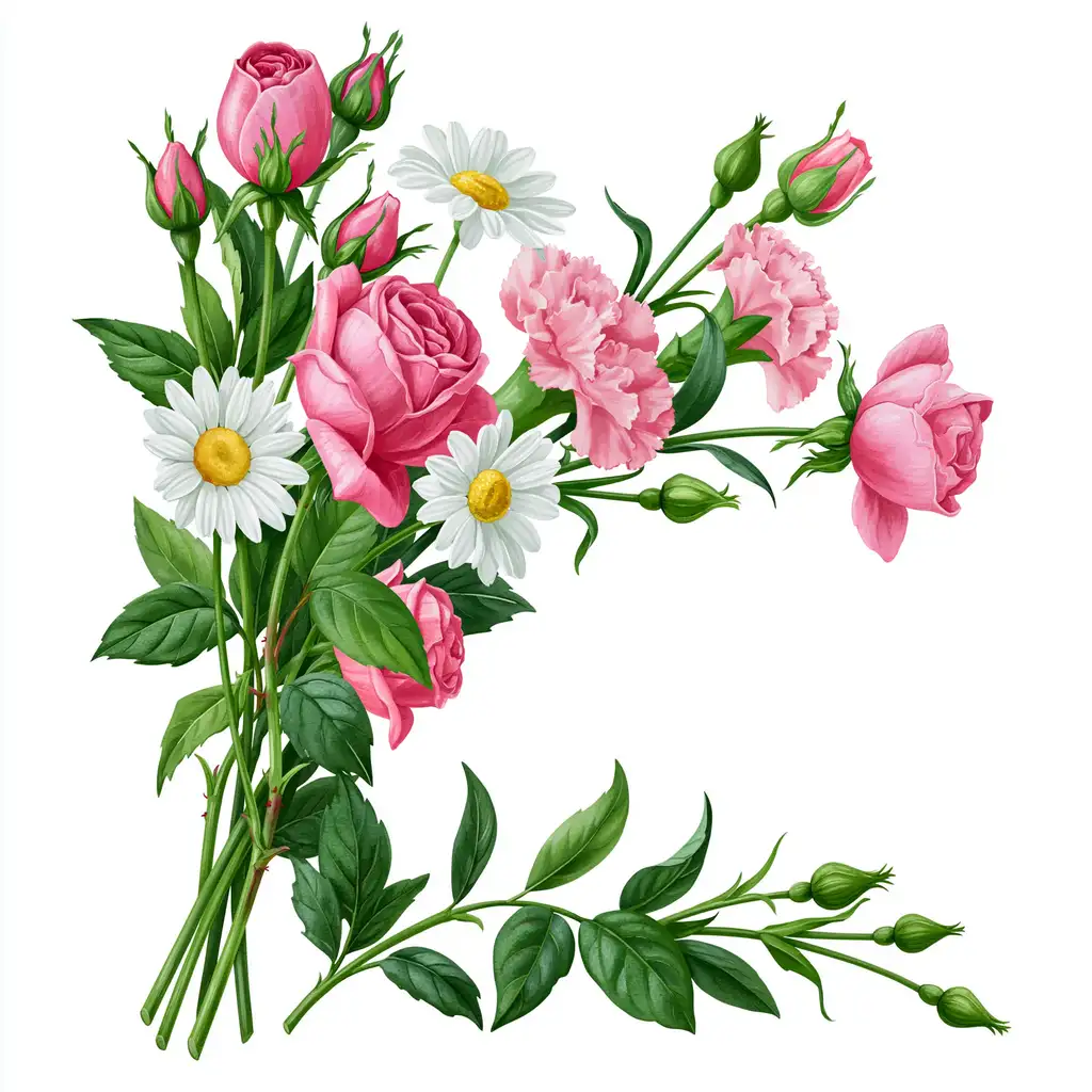 Pink roses white daisies and carnations floral arrangement painting