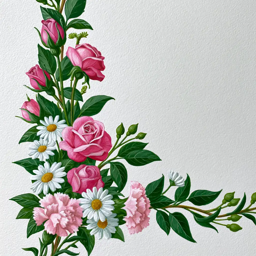 Pink roses white daisies and carnations floral arrangement painting