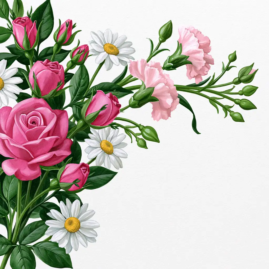 Pink roses white daisies and carnations floral arrangement painting