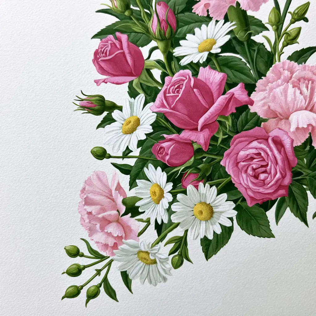 Pink roses white daisies and carnations floral arrangement painting